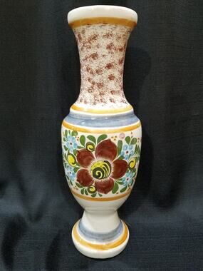 Vintage Tall Ceramic Vase with Hand Painted Flower and Accents